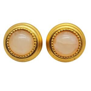 Maeve Carr Clip On Earrings Brushed Gold Tone Chunky Button Faux Stone 1980s